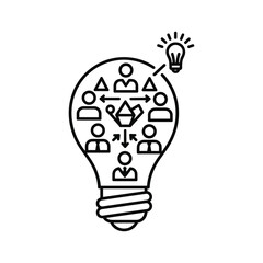 Team collaboration and idea generation inside a lightbulb icon, representing innovation and brainstorming process