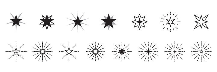 Thin-line starburst and sparkle outlines for shine effects, highlight accents, and decorative light graphics.