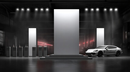 Car Wax Presentation in a Modern Garage Setting With LED Lighting and Sleek Podiums Showcasing Products
