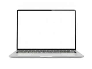 Modern open laptop displaying blank white screen for design mockups transparent background