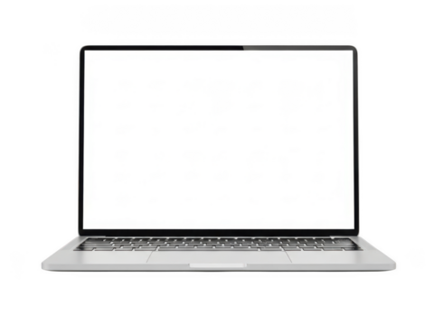 Modern open laptop displaying blank white screen for design mockups transparent background
