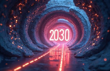 Fototapeta premium Glowing 2030 year inside futuristic tunnel. Abstract path leads to new decade of progress, innovation. Digital portal journey toward future discovery, hope, tech evolution. Glowing way forward