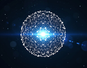 Abstract glowing sphere of interconnected particles with a bright blue light at its center