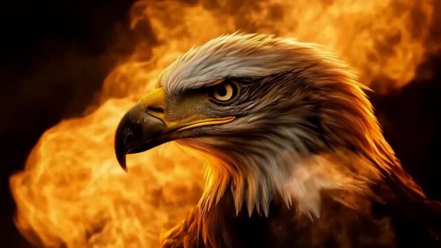 Fierce eagle face in fire background
