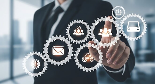 Businessman interacting with digital interface of interconnected gear icons representing business process management and team collaboration - Powered by Adobe