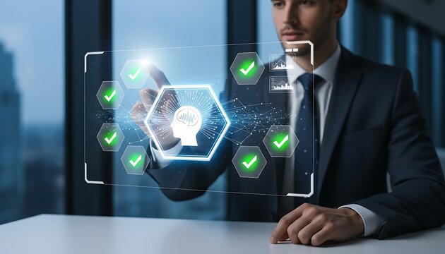 Businessman interacting with futuristic digital interface showing artificial intelligence and quality assurance icons in office setting