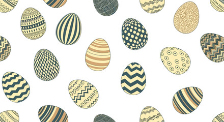 Seamless Easter pattern with beautifully decorated eggs in vintage shades of blue and beige featuring various geometric designs.