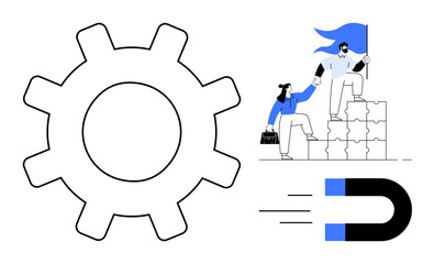 Gear symbolizes collaboration mechanics. Two characters stack puzzles symbolizing teamwork and problem-solving. Magnet denotes attraction or influence. Ideal for business, leadership, collaboration