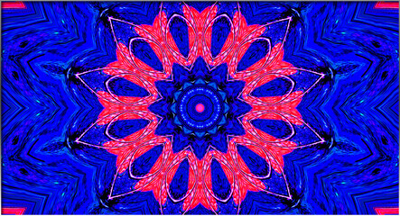An intricate kaleidoscope shimmers with vibrant blues and reds, its mirrored lines weaving a luminous harmony.