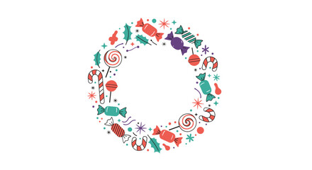 Festive circular frame or wreath made of colorful Christmas candies lollipops and holly creating a sweet holiday design element.