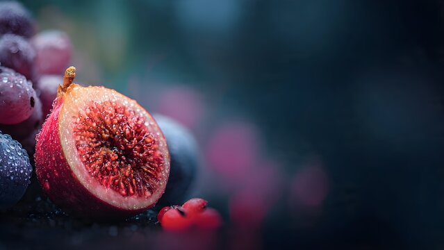 Vibrant Fig Half with Water Droplets Amidst Grapes and Berries on a Deep, Moody Background