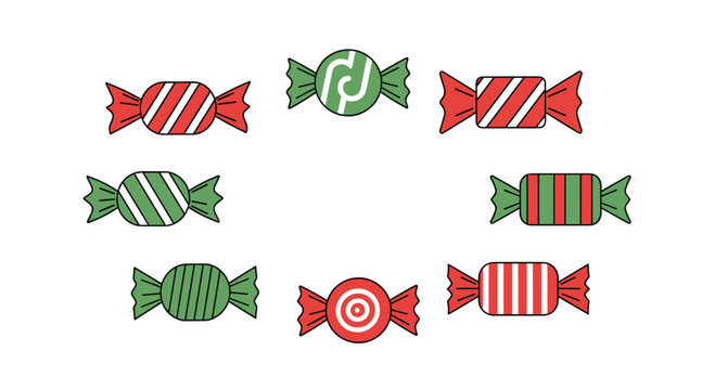 Set of festive Christmas peppermint candies in red and green wrappers with various striped and circular patterns for the holidays.
