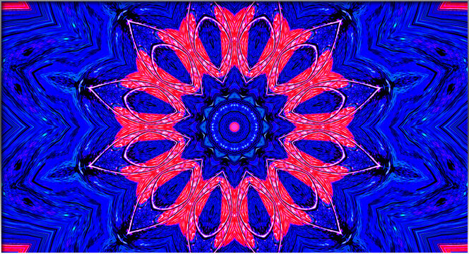 An intricate kaleidoscope shimmers with vibrant blues and reds, its mirrored lines weaving a luminous harmony.
