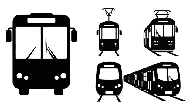 Vector illustration&nbsp;of collection of black and white silhouette icons representing various public transportation vehicles like bus and train isolated on transparent background