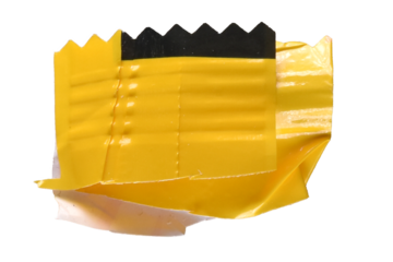 Crumpled Yellow Tape Patch. Ripped and wrinkled yellow adhesive tape piece isolated on white, perfect for collage and modern graphic compositions.