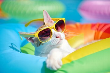 Cool Cat Lounging on Pool Float with Sunglasses