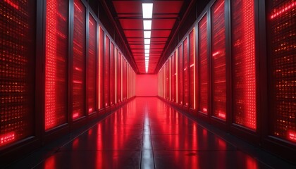 Hallway of blinking server racks glows red. Futuristic data center with glowing computers and digital information. High tech room with glowing screens and network hardware.