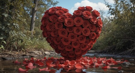 romantic heart made of red roses floating on water with scattered petals in a lush forest setting.