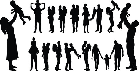 Collection of parents interacting with their babies and young children, illustrating family love, bonding, and parental care silhouette vector