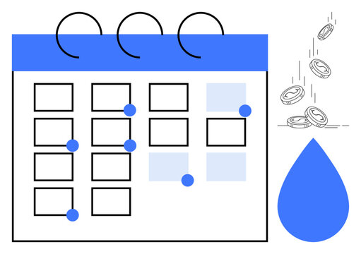 Calendar grid with marked events, coins dropping, and a water droplet. Ideal for finance, budgeting, organization, planning, savings scheduling deadline management. Simple flat metaphor