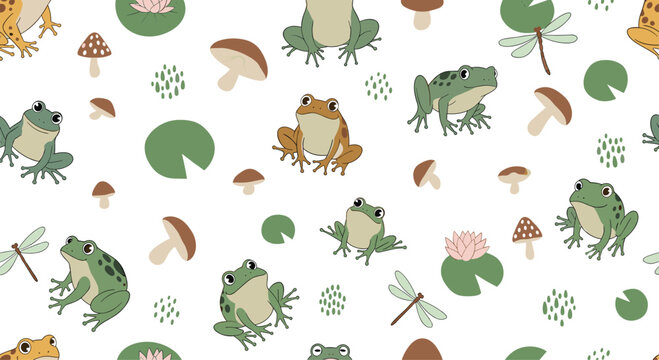 Seamless pattern of cute cartoon frogs mushrooms lily pads and dragonflies creating a charming and whimsical pond life background.
