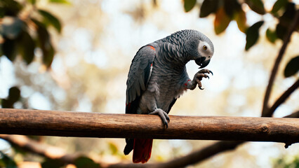 Obraz premium Gray parrot perched on a wooden branch, grooming its claw in a natural setting