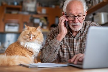 Elderly Man on the Phone Arranging an Online Vet Consultation for His Cat