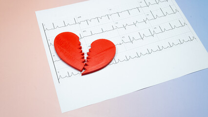 Concept of a broken heart due to a heart condition, red heart split in two, on an electrocardiogram