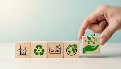 Hand placing wooden block with green sprout and dollar sign icon representing investment in sustainable and ecofriendly business growth