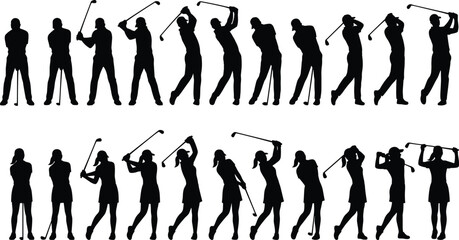 Black silhouette vector graphics depicting the full golf swing sequence, from address to follow-through, for both male and female golfers showcasing the sport and motion.