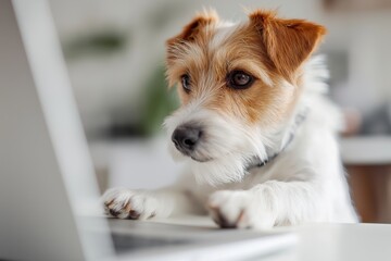 Curious Jack Russell Terrier Using a Laptop for an Online Vet Call