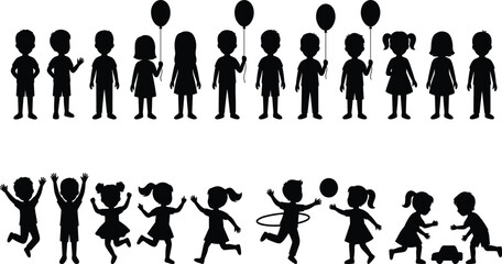 Black silhouette vector graphics depicting a diverse group of happy children playing, jumping, and holding balloons, celebrating childhood fun and active play.