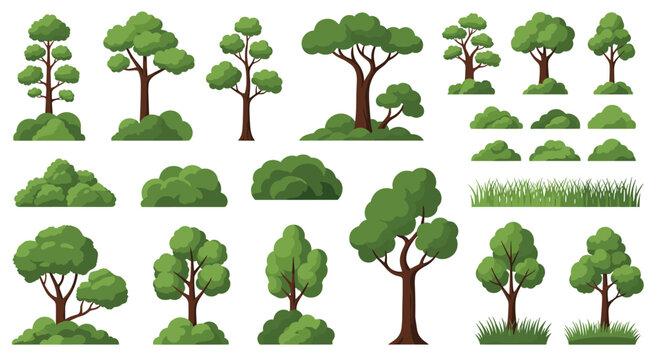 Large collection of various green cartoon trees bushes and grass elements for creating forest or park landscape scenes.