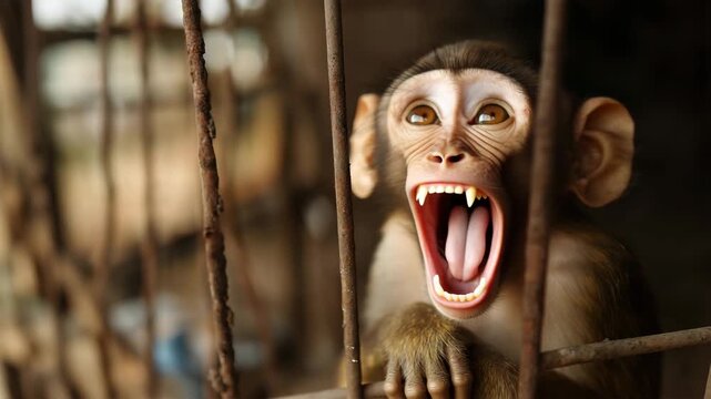 Primate shouting behind metal bars  