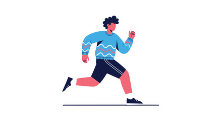 Obraz premium Stylized illustration of a young man in a colorful patterned sweater and shorts running as part of his fitness routine.