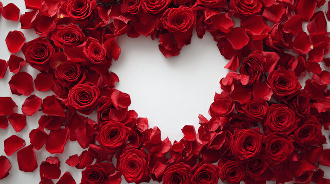 Heart shaped cutout with vibrant red roses on a background, symbolizes romance