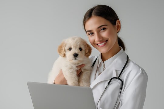 Female Veterinarian with a Laptop Holding an Adorable Golden Retriever Puppy
