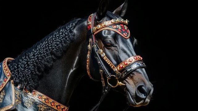 Black royal horse with ornate harness