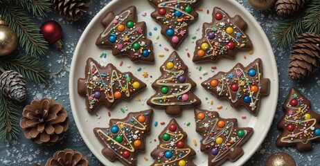 Fototapeta premium chocolate christmas tree cookies decorated with colorful sprinkles and candies on a festive background.