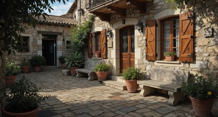 Obraz premium charming stone courtyard with potted plants and rustic wooden shutters in southern france