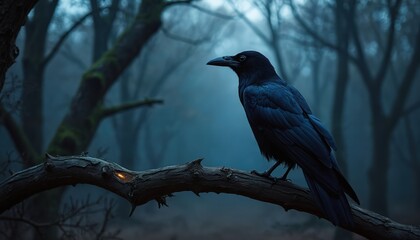 Obraz premium Black raven perches on bare tree branch in dark misty forest. Eerie mysterious atmosphere surrounds wild bird. Watches silently in gloomy woods during twilight hours. Cold dramatic nature scene feels