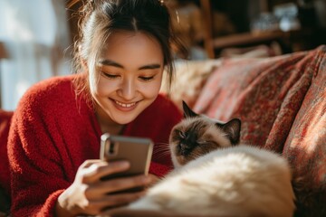Asian Woman and Her Siamese Cat Using a Smartphone for a Vet Chat