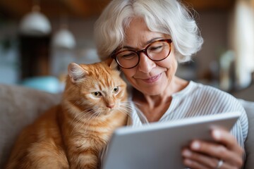Senior Woman and Her Ginger Cat Enjoying a Tablet Together