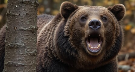 Obraz premium aggressive brown bear roaring with open mouth in natural forest habitat