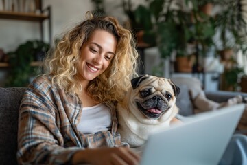 Smiling Woman with Her Pug Dog Using a Laptop for a Vet Consultation