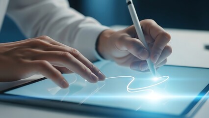 Digital signature with stylus on modern tablet for secure document approval and business automation