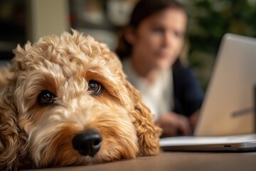 Sad Cockapoo Dog Lying on a Table During a Virtual Vet Consultation
