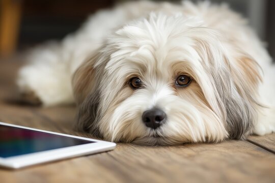 Cute Havanese Dog Lying on the Floor Next to a Digital Tablet