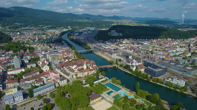 Aerial view around the city Olten in Switzerland on a sunny day in summer.