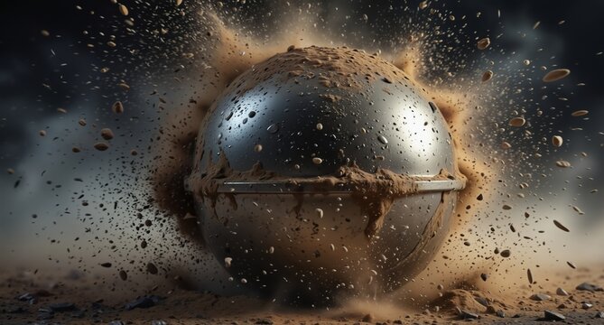 metallic sphere rolling through dirt and debris with dynamic impact and dust explosion.